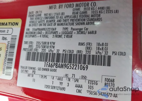 2016 Ford Mustang V6 z USA, uszkodzony, nr VIN 1FA6P8AM9G5221069